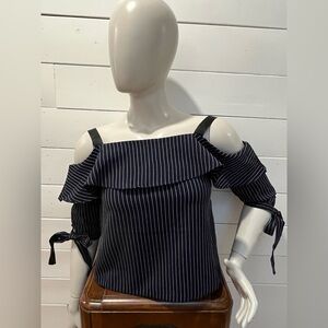 ESSUE – Navy and white pinstripe cold-shoulder top, size M.